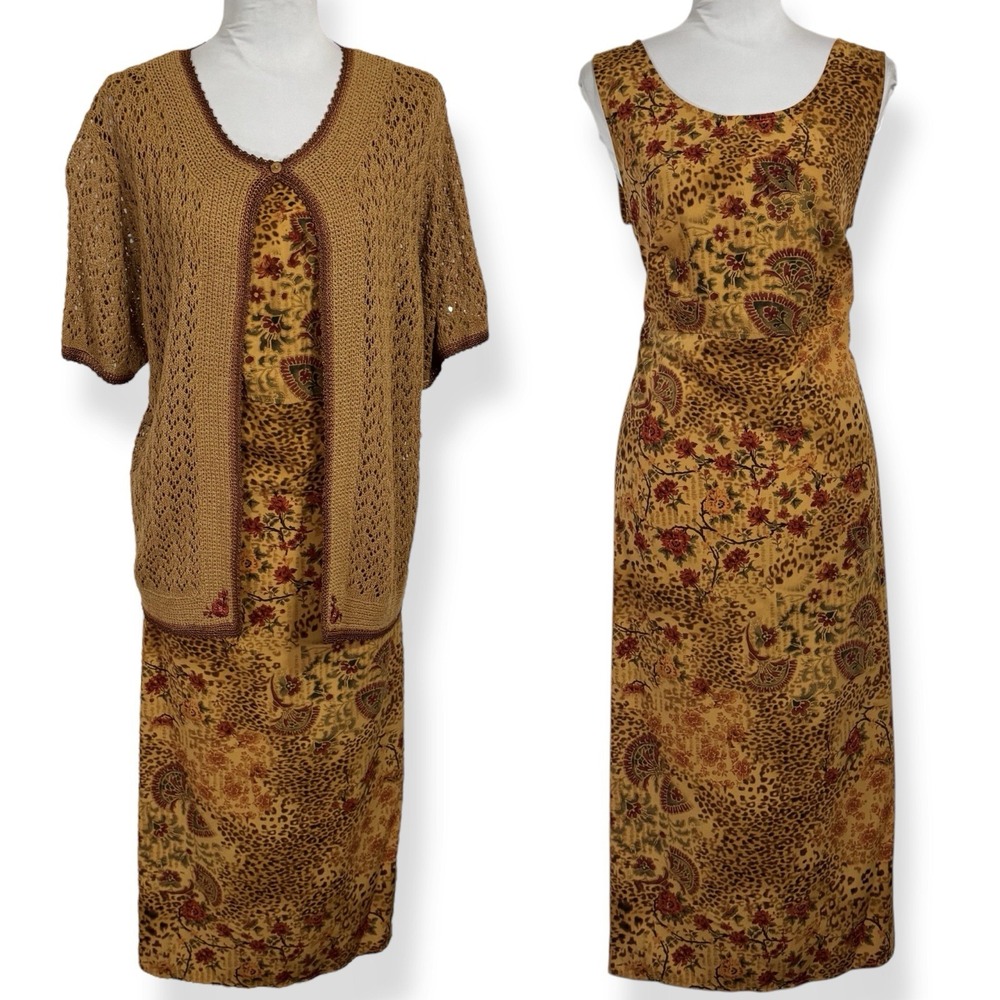 NEW‎ VTG R&K 2 Pc Crochet Jacket Midi Dress Set 14 14WP Safari Leopard Paisley